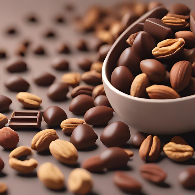 Photo a bowl of chocolates and nuts with a white bowl of chocolate