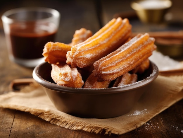 a bowl of churros with sugar powder