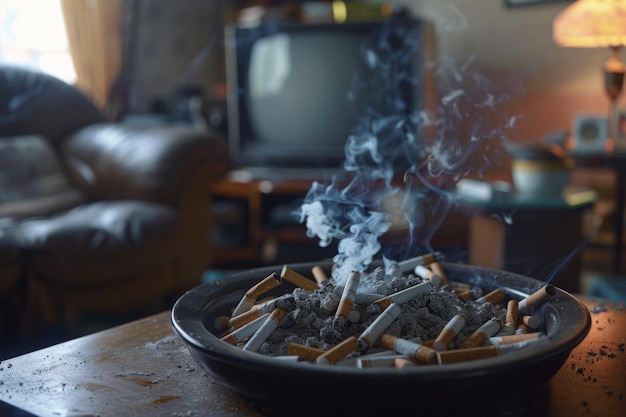 a bowl of cigarettes with a cigarette in it and a tv in the background