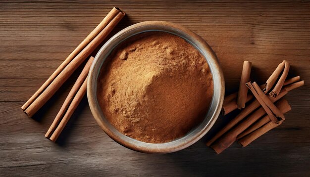 Bowl of cinnamon powder and sticks on wooden table Flat lay