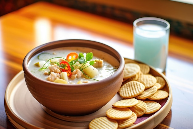 Bowl of clam chowder with oyster crackers on side