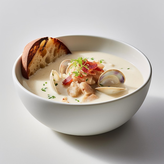 A bowl of clam chowder with a piece of bread on the side.