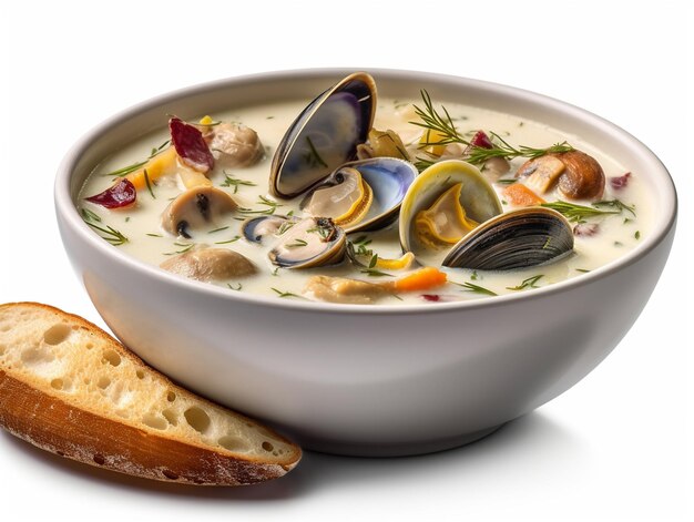 A bowl of clam chowder with a piece of bread on the side