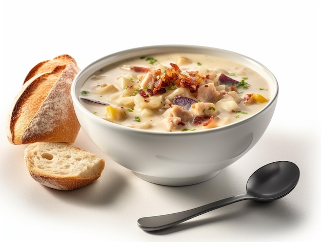 A bowl of clam chowder with a spoon next to it