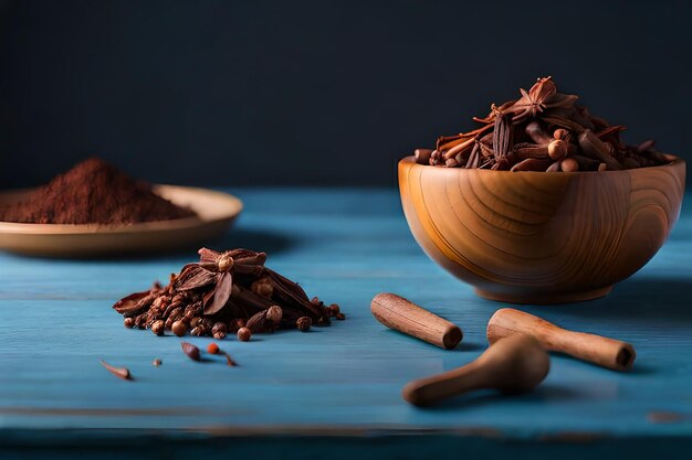 A bowl of cocoa powder sits on a blue table with a wooden spoon next to it.