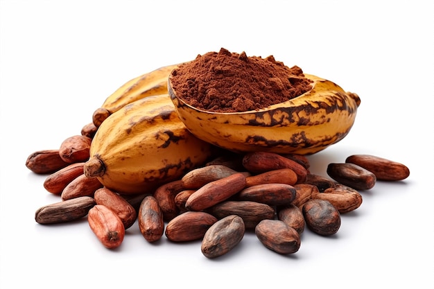 A bowl of cocoa powder sits next to a pile of cocoa powder.