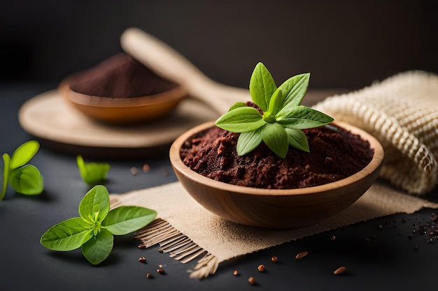 Photo a bowl of cocoa powder with a sprig of basil on a table next to a cup of coffee.