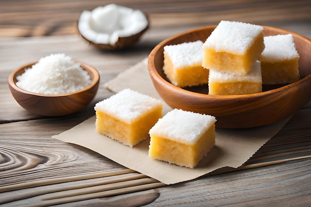 Photo a bowl of coconut cake with coconut cream on the side