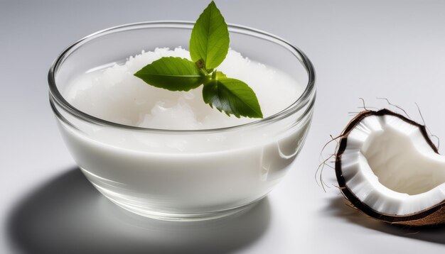 A bowl of coconut milk with a leaf in it