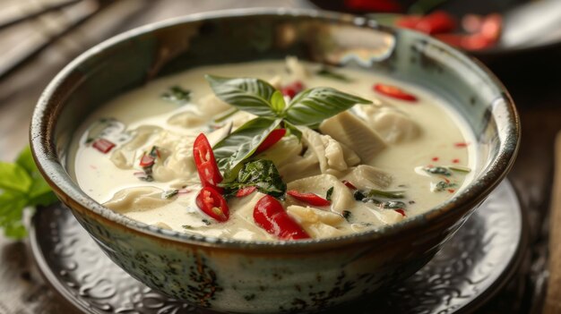 Photo a bowl of coconut milkbased curry with floating chili peppers and herbs offering a taste of thai culinary excellence