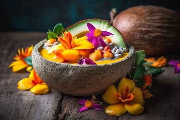 A bowl of coconut soup with a flower on the top