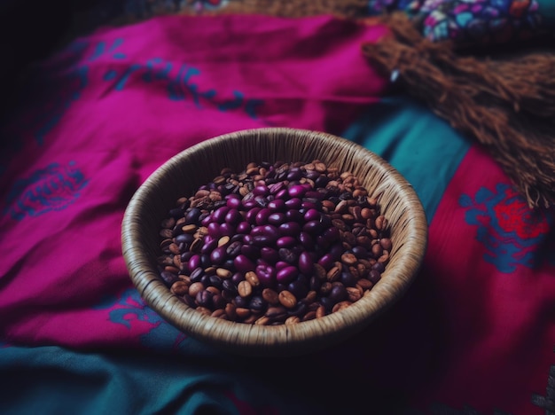 A bowl of coffee beans is filled with coffee beans.