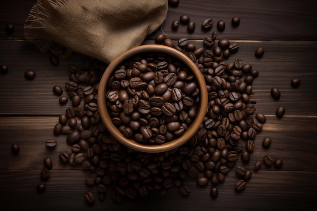 A bowl of coffee beans sits on a table with a bag of coffee beans in the background.