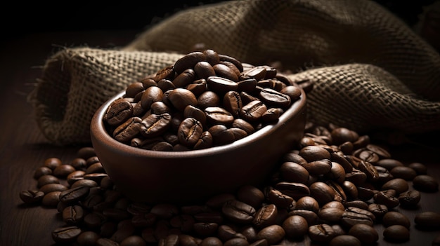 A bowl of coffee beans with a dark background