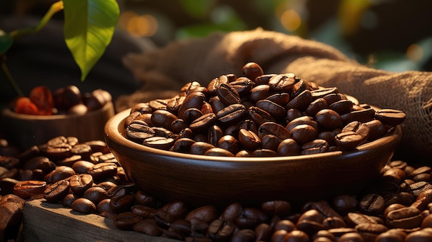 A bowl of coffee beans with a leaf in the background