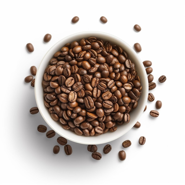 A bowl of coffee beans with the word coffee on it a white background