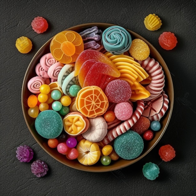 A bowl of colorful candies and candy are on a black background