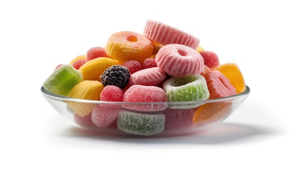 a bowl of colorful candies with a white background