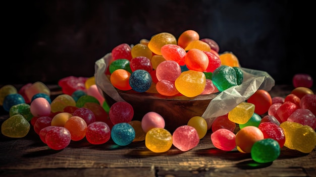 A bowl of colorful candy sits on a wooden table.