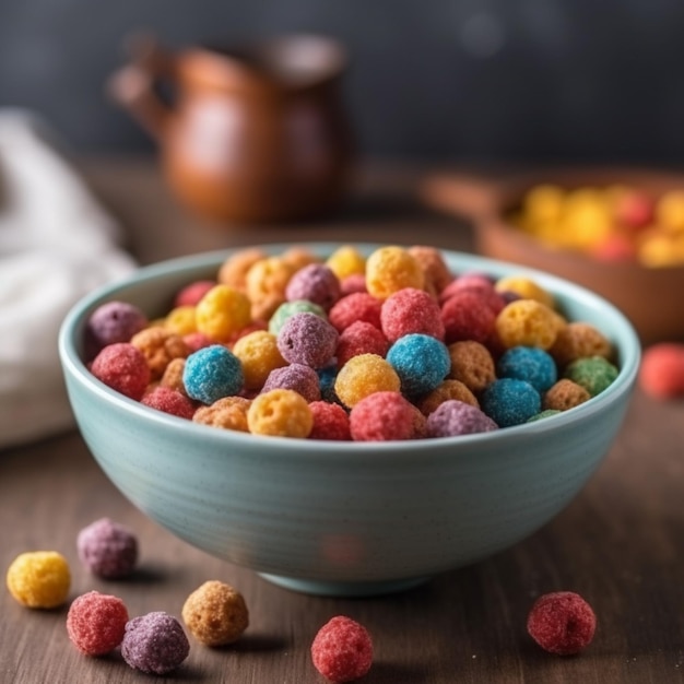 A bowl of colorful cereal with the word cereal on it.