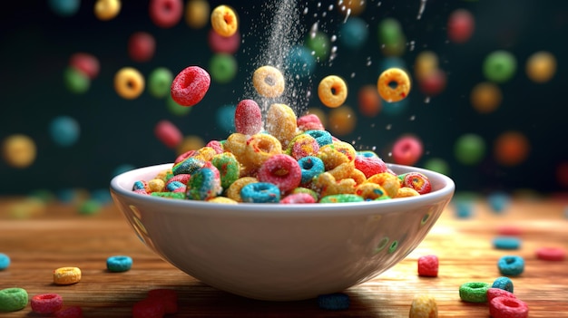 Bowl of colorful circle cereal with milk