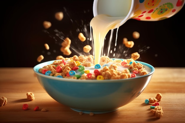 Foto ciotola di cereali cerchio colorato con latte