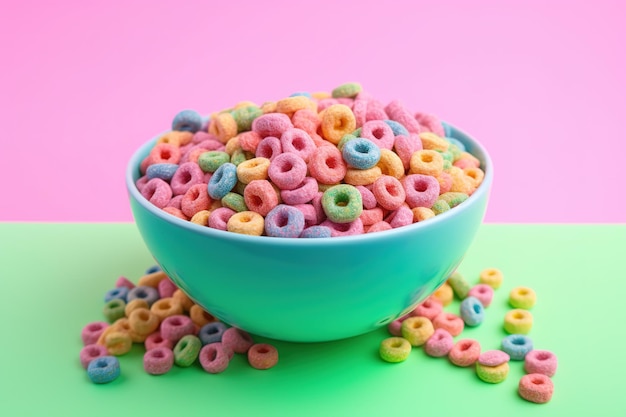 Bowl of colorful circle cereal with milk