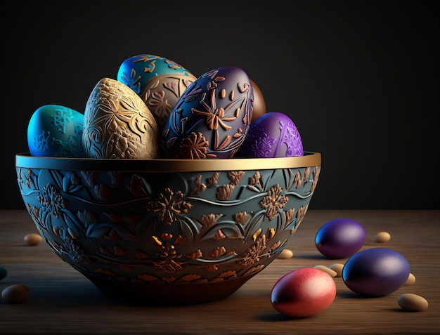 A bowl of colorful easter eggs is on a table.