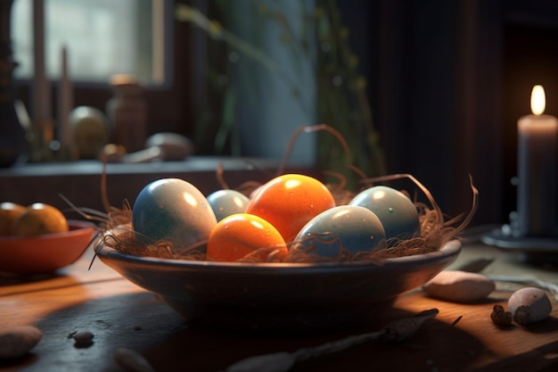 A bowl of colorful easter eggs sits on a table with a candle lit.