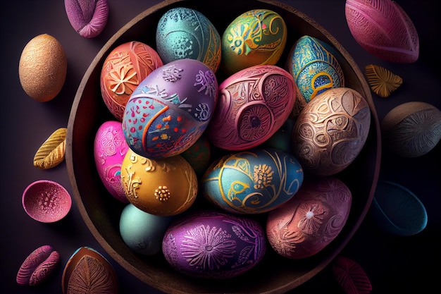 A bowl of colorful easter eggs with the word easter on it.