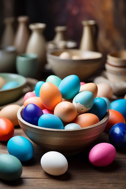 Bowl of colorful eggs with some eggs around of it