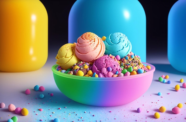 A bowl of colorful ice cream with sprinkles on top of it.