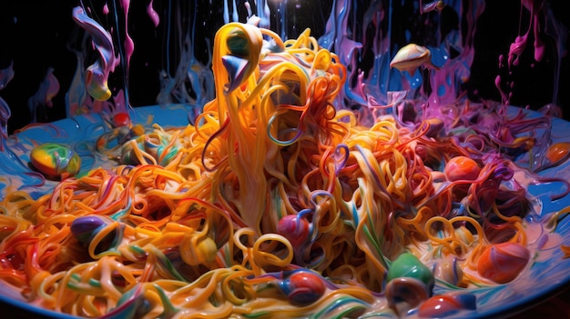 A bowl of colorful noodles being poured into a bowl ai