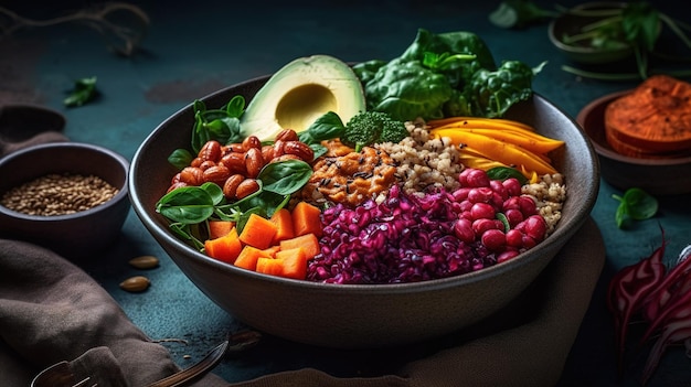 A bowl of colorful vegetables with a dark background.