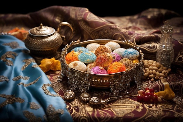 a bowl of colorful yarn next to a gold teapot.