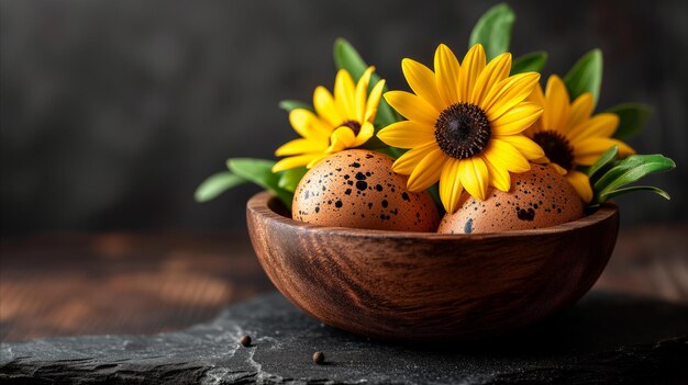 A bowl containing daisies and eggs