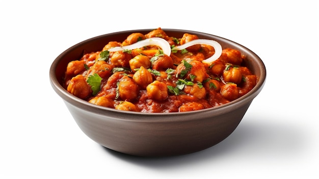 Bowl of cooked tasty chickpeas with parsley leaves on a white background