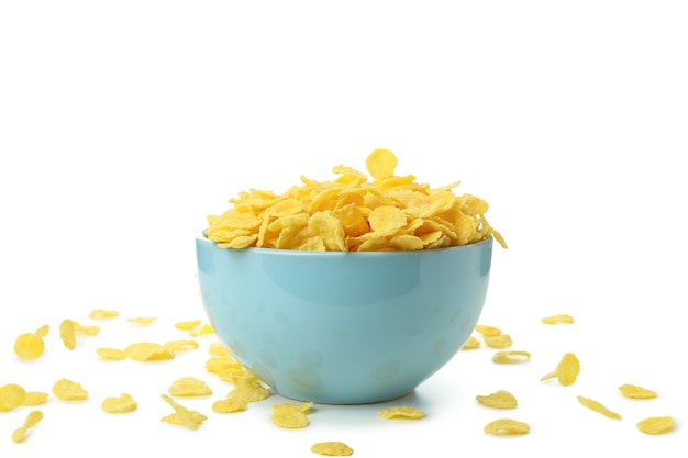 Bowl of corn flakes isolated on white background