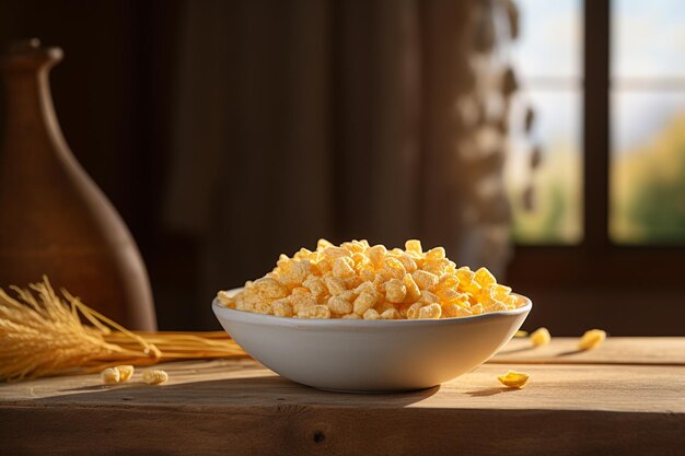 Bowl of Corn Flakes Sits on Wooden Table