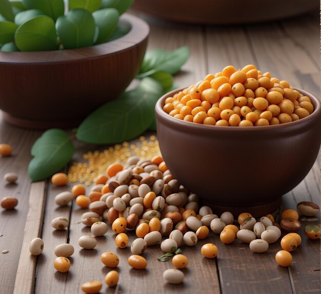 a bowl of corn sits on a wooden table with other foods