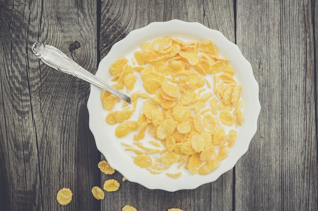 Bowl of cornflakes on the table