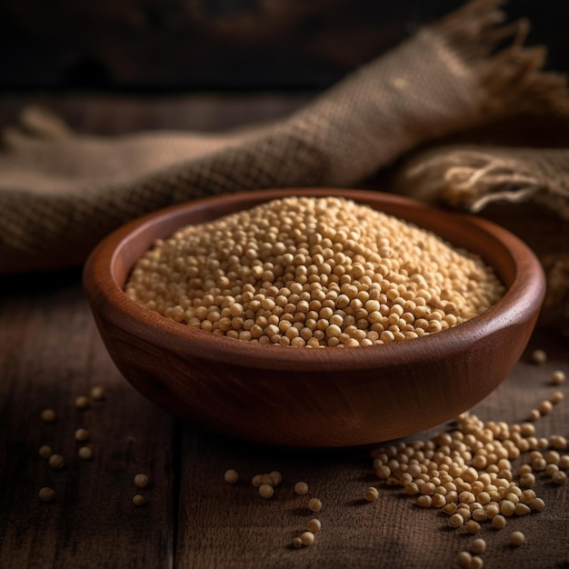 A bowl of couscous is on a wooden table.