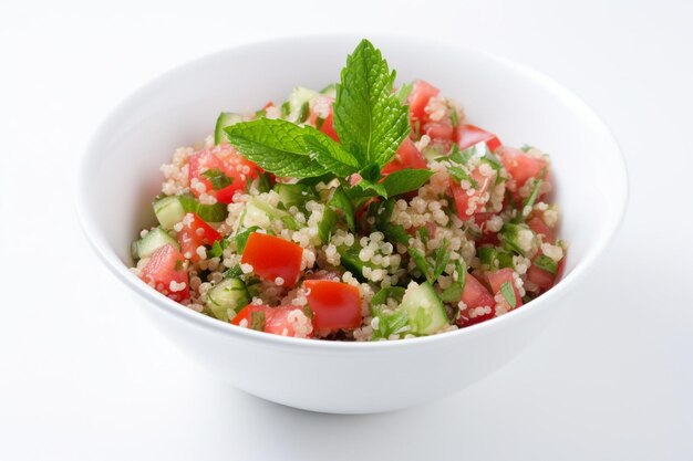 A bowl of couscous salad with cucumber and mint