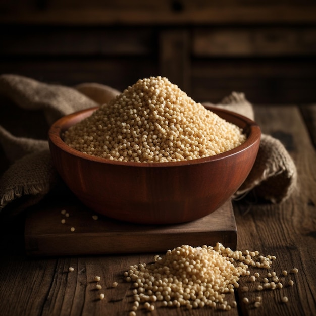 A bowl of couscous sits on a wooden table with a pile of couscous.