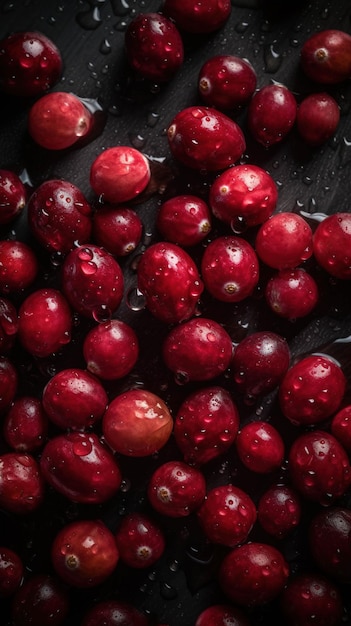 A bowl of cranberries with water droplets on it