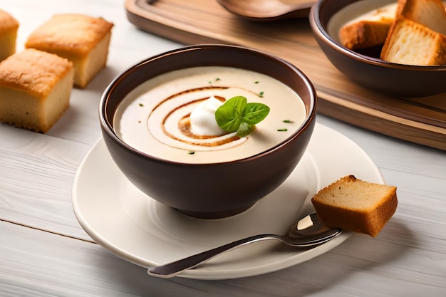 Photo a bowl of cream of cauliflower soup with a slice of bread on the side.