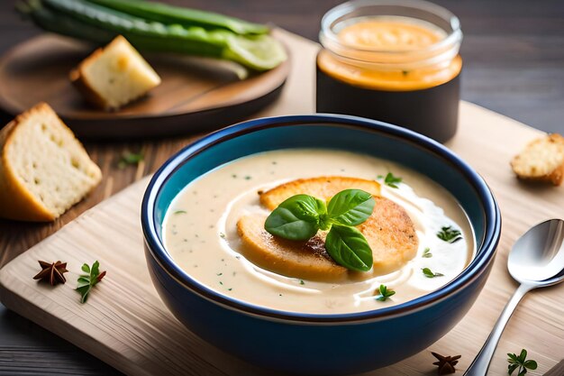 A bowl of cream of cheese soup with a sprig of basil on top.