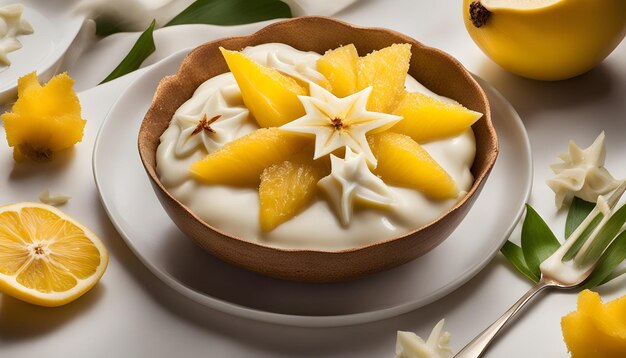 a bowl of cream cheese with pineapple and a spoon