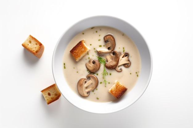 A bowl of cream of mushroom soup with bread on the side