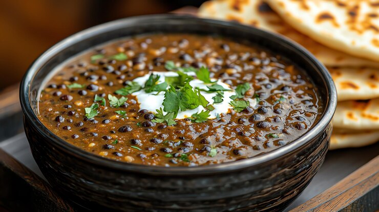 Photo bowl of creamy dal makhani slowcooked black lentils